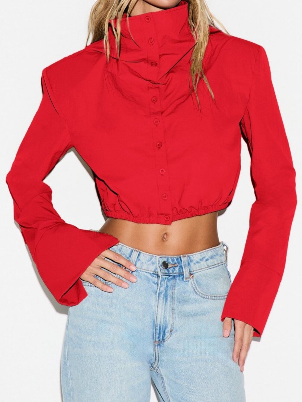 Red Casual Women's Button Front Cropped Shirt With Bell Sleeves